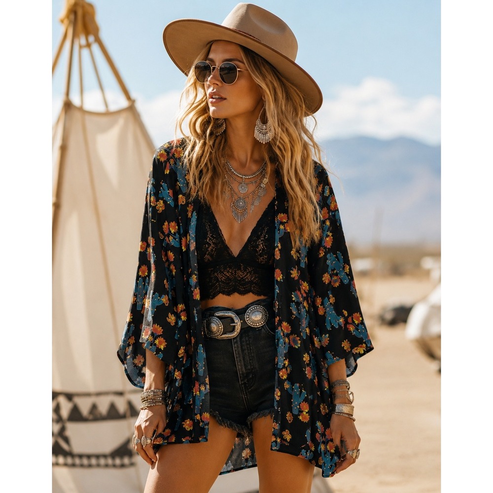 Peach Love California Cactus Floral Kimono Western Boho Festival Open Front M